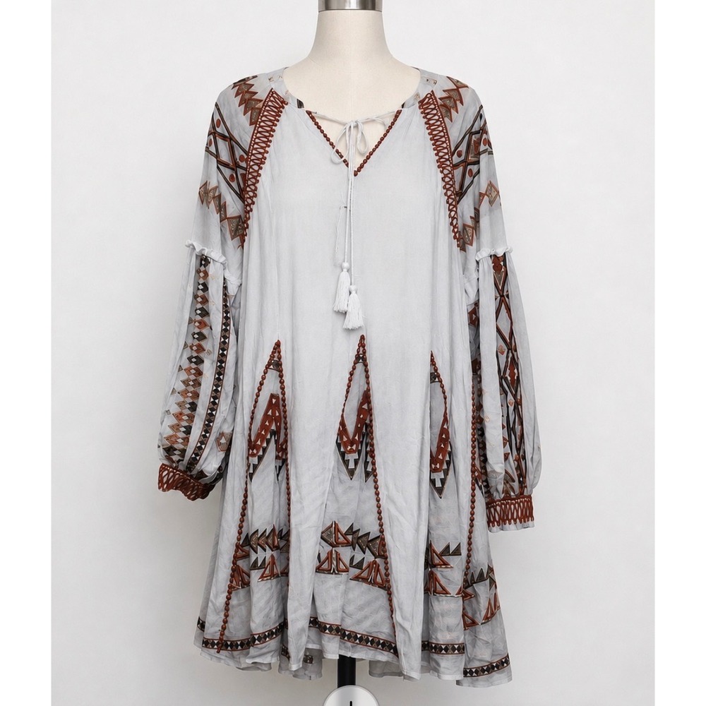 HALE BOB Dress Women L White NEW Embroidered Tassel Boho Mini 26RM6298